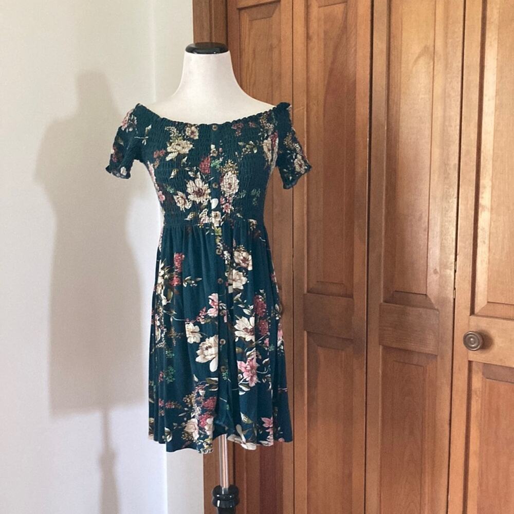 Xhilaration Teal Stretch Floral Pullover Dress, Size M